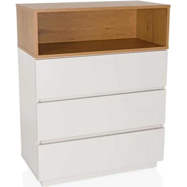 hjh LIVING Kommode mit 3 Schubladen, 1 offenes Fach MELMO K 80 x 40 x 100 cm Highboard Schrank im skandinavischen Stil, griffloses Design, Weiß/Eiche – Bild 2