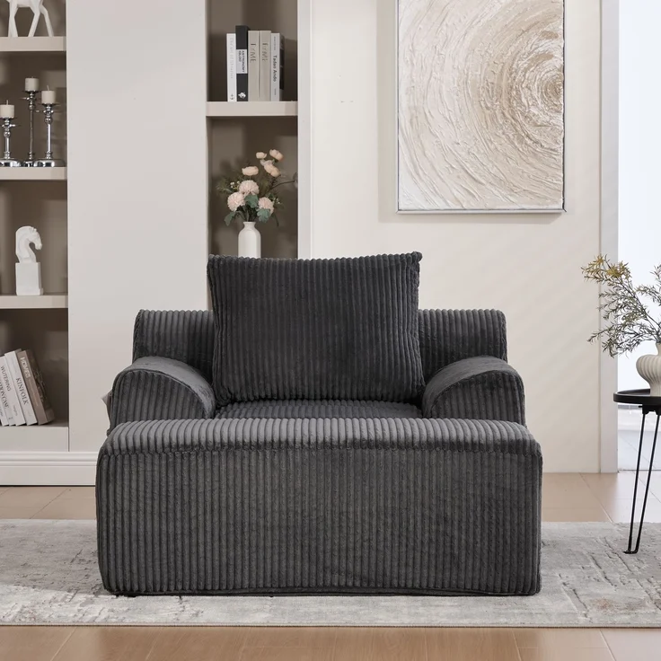 Sessel 147x110x67 cm Kordsamt Dunkelgrau mit Fußpedal und Seitentaschen, übergroßer gepolsterter Lesesessel – Bild 2