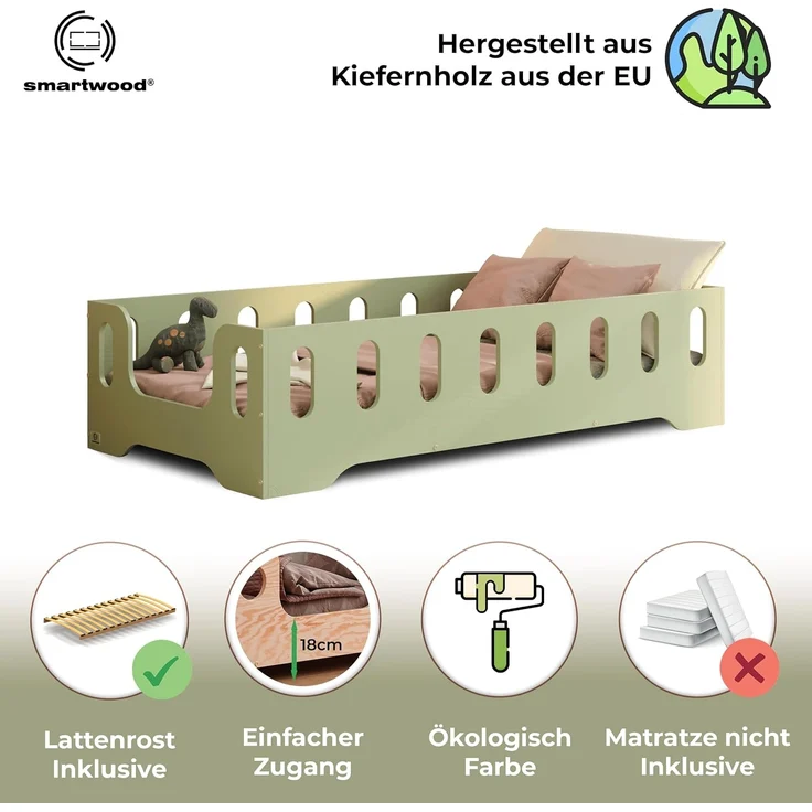smartwood Kinderbett Bodenbett 140x180 mit Rausfallschutz & Lattenrost - Grün - Kinder Montessori Bett TILA 2B mit glatten Kanten - Betten für schnelle Montage - Bis 300 kg belastbar – Bild 3
