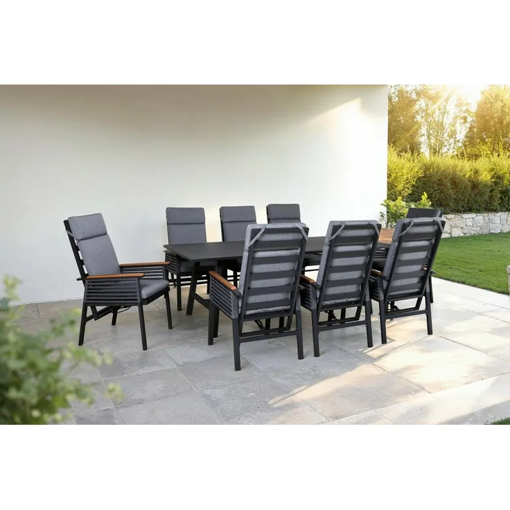 KONIFERA Garten-Essgruppe Edessa Komfort, (Set, 17-tlg, 8x Stuhl mit Rückenverstellung, 1x Tisch 220x97x74 cm, inkl. Auflagen), Tischplatte aus Alu-Lamellen,Armlehne mit Seilgeflecht&Noonwood-Latten