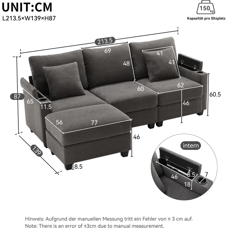 DESVIAE Sofa mit beweglichem Hocker und USB-Ladeanschluss 213,5x87x139 cm Cord Dunkelgrau – Bild 10