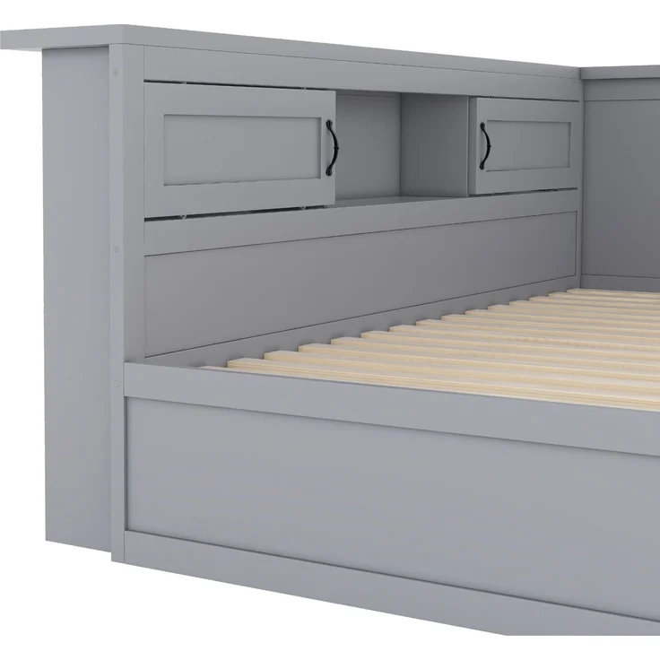 Massivholzbett mit Gästebett und LED-Beleuchtung (140x200 cm) Doppelbett, Jugendbett mit Lattenrost, Kiefer, grau – Bild 5