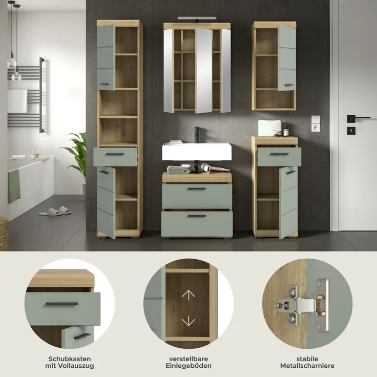 Xonox Scout Badkombination (B/H/T: 164x191x34 cm) in Salbei und Artisan Eiche Nachbildung – Bild 9