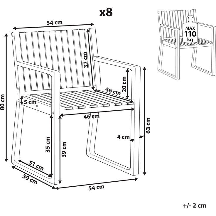 Beliani 'SASSARI II' Set mit 8 Stühlen und Sitzkissen, Akazienholz Heller Holzfarbton / Cremeweiß – Bild 2