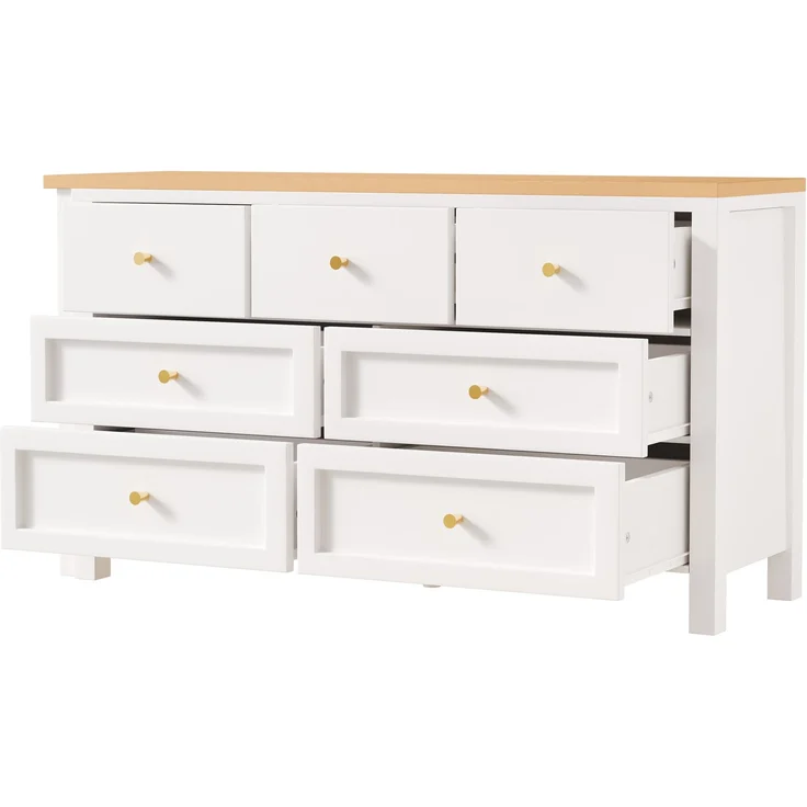 Schreibtisch mit 7-Schubladen Kommode -2-in-1 Drehwerkbank und Sideboard, Eichenoptik, 360° drehbare Tischplatte, weiß / natur, Schreibtisch, Frisiertisch, L-förmiger Eckschreibtisch – Bild 9