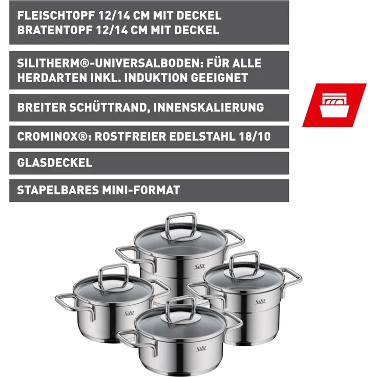 Silit Topf-Set Extra Cook Mini, Kochgeschirr-Set Induktion mit Glasdeckeln, stapelbar, Edelstahl 18/0 (Set, 8-tlg, 2 x Kochtopf 12/14cm, 2 x Bratentopf 12/14cm, 2 x Glasdeckel 12/14cm), SiliTherm Universalboden, breiter Schüttrand, spülmaschinengeeignet – Bild 2