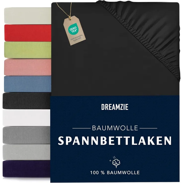Dreamzie - Spannbettlaken 180x200 cm - Baumwolle Oeko Tex Zertifiziert - Schwarz - 100% Jersey Spannbetttuch 180x200