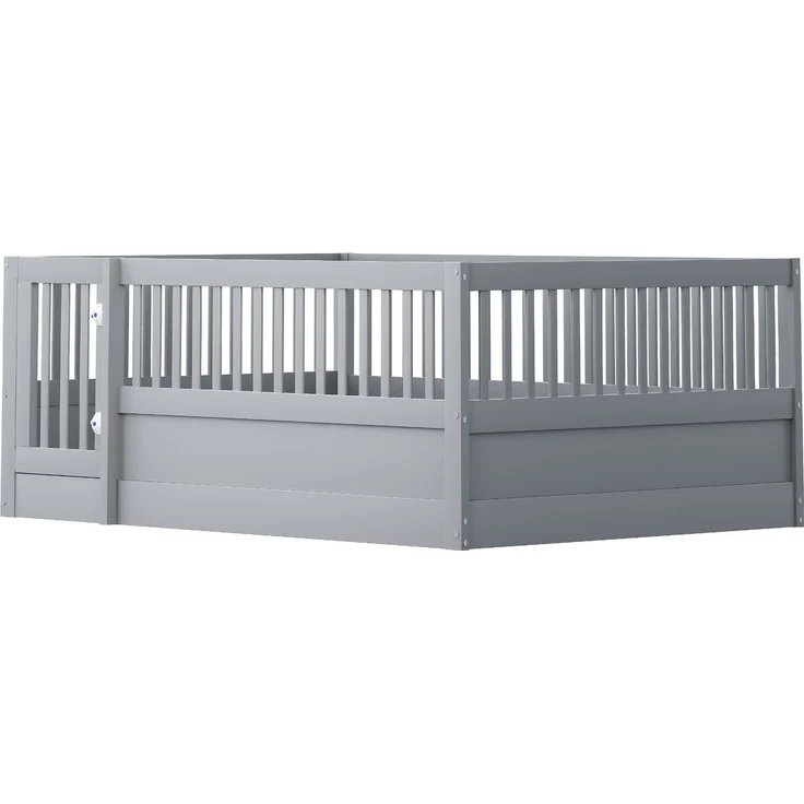 Kinder Bodenbett aus massivem Kiefernholz 140x200 cm mit Zaun & Tür,sicheres Spielbett,offenes Hausbett,Grau – Bild 10