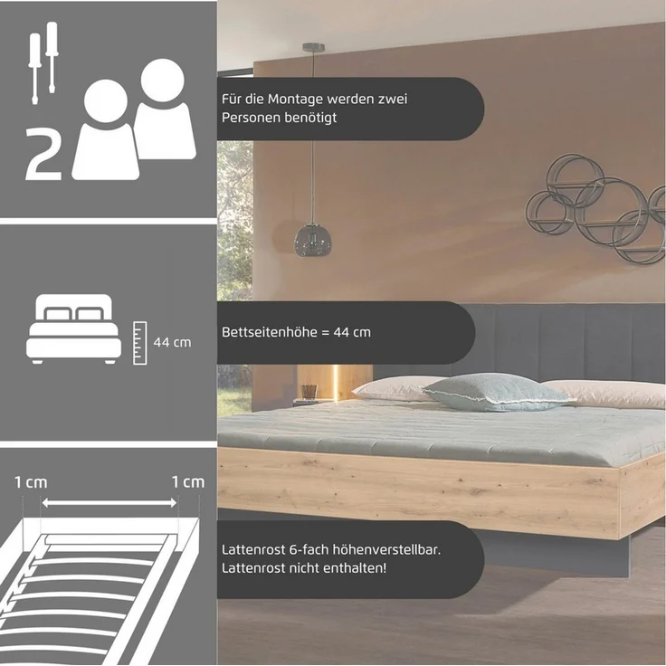 rauch Bettanlage Bett Doppelbett Komfortbett Funktionsbett APOLLON, (3-tlg, Liegefläche 180x200, optional mit Bettbank und Stauraum), Polster-Kopfteil in Lederoptik black, mit Beleuchtung MADE IN GERMANY – Bild 2