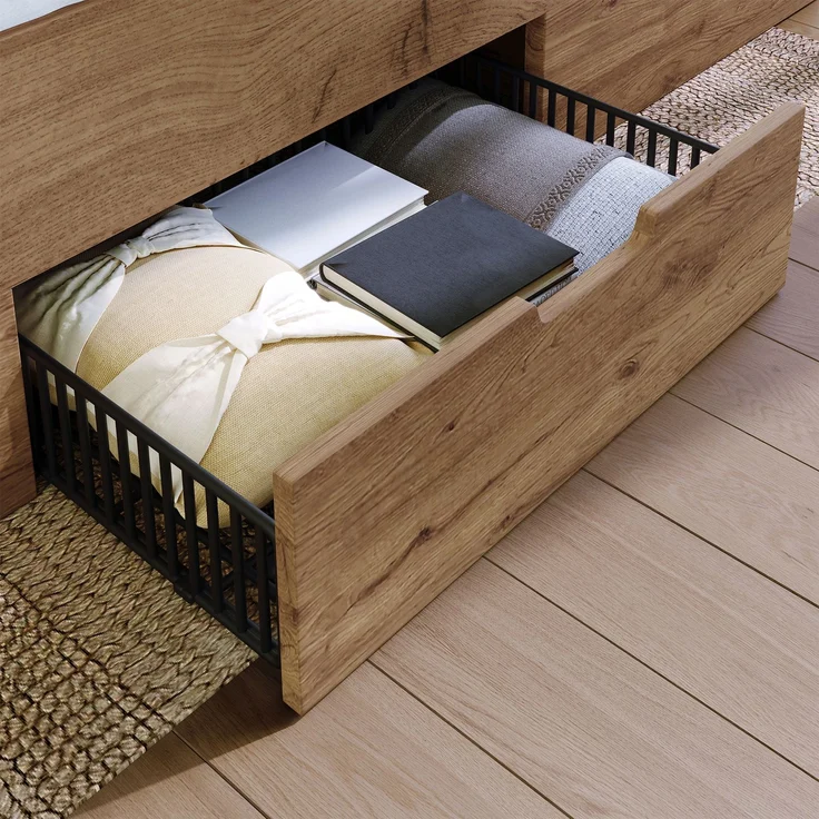 Holzbett 180x200 cm, Doppelbett und Erwachsenenbett, mit LED-Downlights, USB & Type-C Ladestation und schwebenden Nachttischen, Eichenoptik – Bild 4
