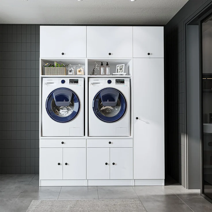 Roomart Schrankwand für Waschküche & Hauswirtschaftsraum – SERIE 1 – 179 cm breit – mit Ausziehbrett – Waschmaschinenschrank & Stauraumlösung • Weiß – Bild 3