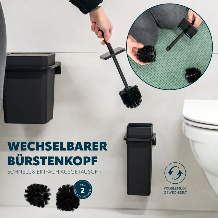 2tlg. Bad-Set SAVONA Softtouch inkl. Wandhalterung, Kosmetikeimer 6 Liter und WC-Garnitur, eckig - schwarz – Bild 4