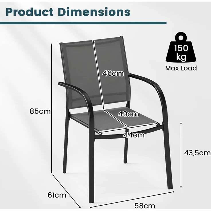 FANTASK Terrassenstühle aus Textilene und Metallgestell, Balkonstühle, Gartenstühle 2er Set mit Armlehnen bis 150 kg belastbar, 61 x 58 x 85 cm (Grau) – Bild 3