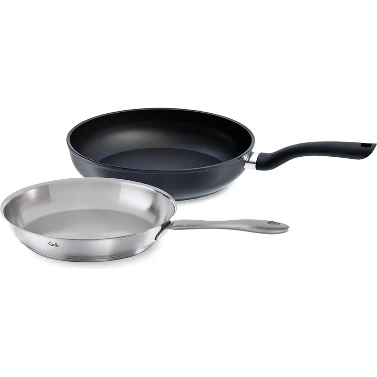 Fissler Pfannen-Set, 2-teilig / Catania unbeschichtete Edelstahl-Pfanne (Ø 24 cm) & Cenit beschichtete Aluminium-Pfanne( Ø 28 cm) – Induktions-geeignet, Schwarz