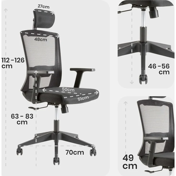 Arebos Bürostuhl Ergonomischer Schreibtischstuhl Wippmechanismus von 90° bis 125° (1D-verstellbare Armlehnen für mehr Komfort), Bis 136 kg belastbar: Stabil & alltagstauglich – Bild 3