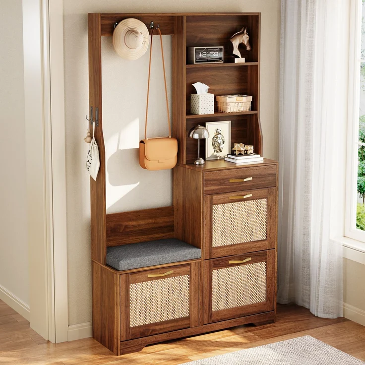 Garderobenschrank Flurgarderobe mit Sitzbank Schuhschrank Rattan Front Kleiderhaken Schubladen Stauraumschrank Eingangsbereich--Nussbaum--100x30x170cm--YOUDENOVA – Bild 7