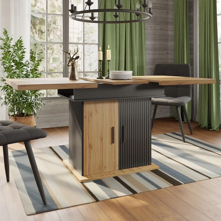 Esstisch ausziehbar 110-140x80x75 cm, Retro-Design, schwarz/natur, mit vakuumgeformten Türen – Bild 2