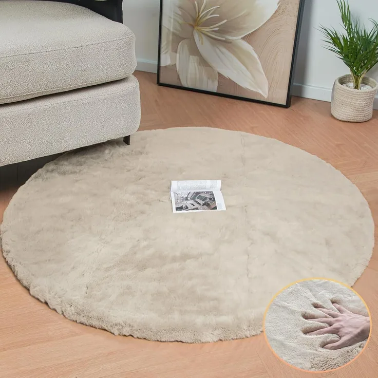 Teppich Kunstfell Bettvorleger Wohnzimmer 120 cm Rund Beige