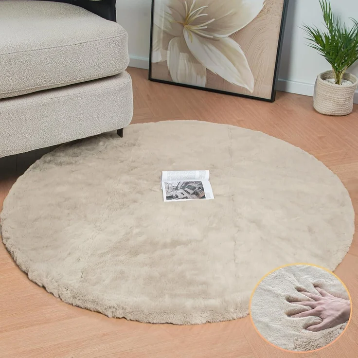 Teppich Kunstfell Bettvorleger Wohnzimmer 120 cm Rund Beige – Bild 1