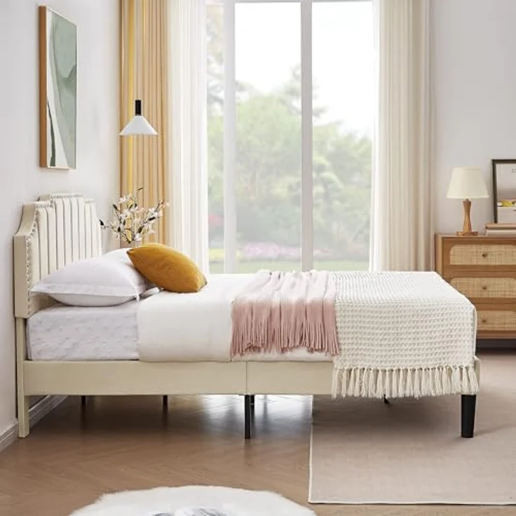 VECELO Doppelbett, gepolstert, 140 x 190 cm, Bettgestell mit Kopfteil, Lattenhalterung aus stabilem Holz, hochwertiger Samtstoff, einfach zu montieren, Beige – Bild 7