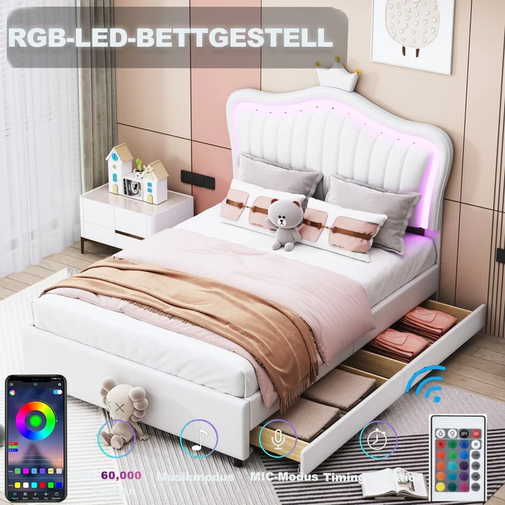 Merax Polsterbett, LED Beleuchtung Krone Kunstleder Kinderbett 90x200cm mit 2 Schubladen, weiß – Bild 5