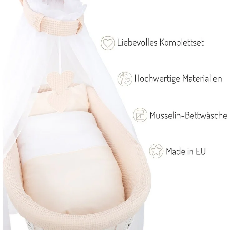 FabiMax Stubenwagen Natur, 2 in 1 Musselin / Waffelpiqué Komplettset Creme mit Decke und Kissen – Bild 2