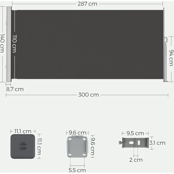 SONGMICS Seitenmarkise mit Stahl-Kasten, rostbeständig, ausziehbar, Anthrazit, 140x300 cm – Bild 2