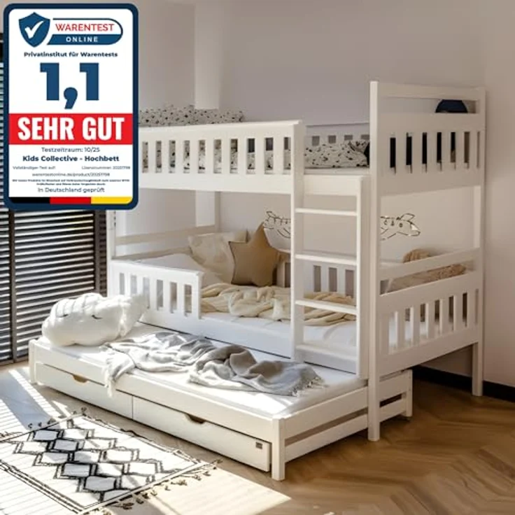 Kids Collective Hochbett 90x200 mit Ausziehbett Kinderbett mit Ausziehfunktion, zwei Schubladen Lattenrost, Rausfallschutz, mit 3 Matratzen, Vollholz in weiss – Bild 4