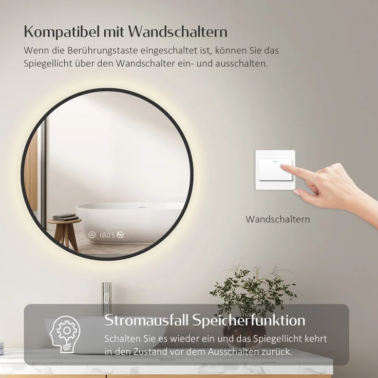 EMKE LED Badspiegel ф60cm Schwarzer Rand, Beschlagfrei, Uhr, Temperatur, Dimmbar, Memory-Funktion Neutrales Licht Wandspiegel – Bild 2