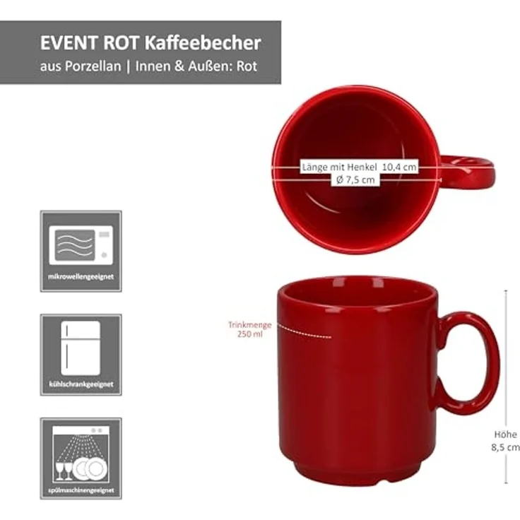 MamboCat Becher 12er Set Event Kaffeebecher 250ml rot Porzellan-Tassen stapelbar, Porzellan – Bild 6