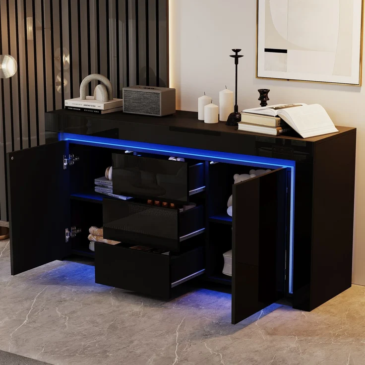 Merax 140*40*65cm Wohnzimmerschrank, Kommode mit 3 Schubladen, 2 Türen, Breite 140 cm, Hochglanz Beistellschrank mit LED-Lichtleiste, Sideboard mit Stauraum, Schwarz – Bild 3