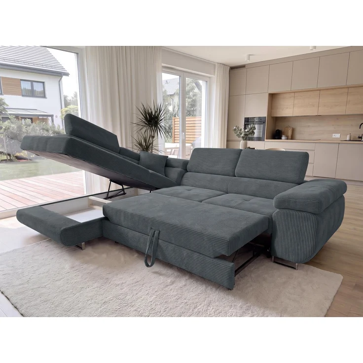 AX LIVING Konak Cord-Schlafsofa L Dunkelgrau 276 cm mit Bettkasten & Kopfstützen – Bild 3