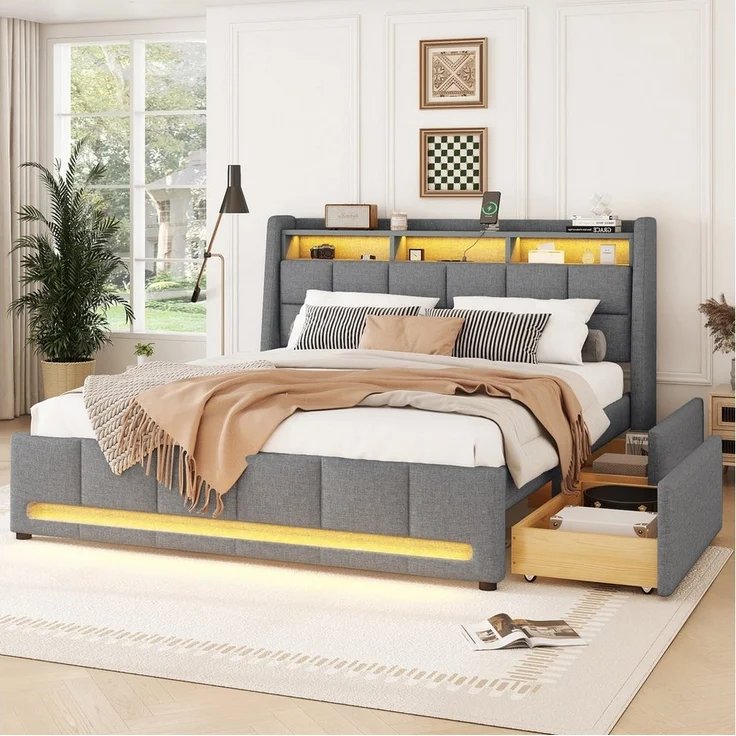 SOFTWEARY Stauraumbett mit LED-Beleuchtung (Lattenrost, 2 Schubladen, USB-Anschlüssen, 140x200 cm), Doppelbett mit Stauraum, Leinen – Bild 1