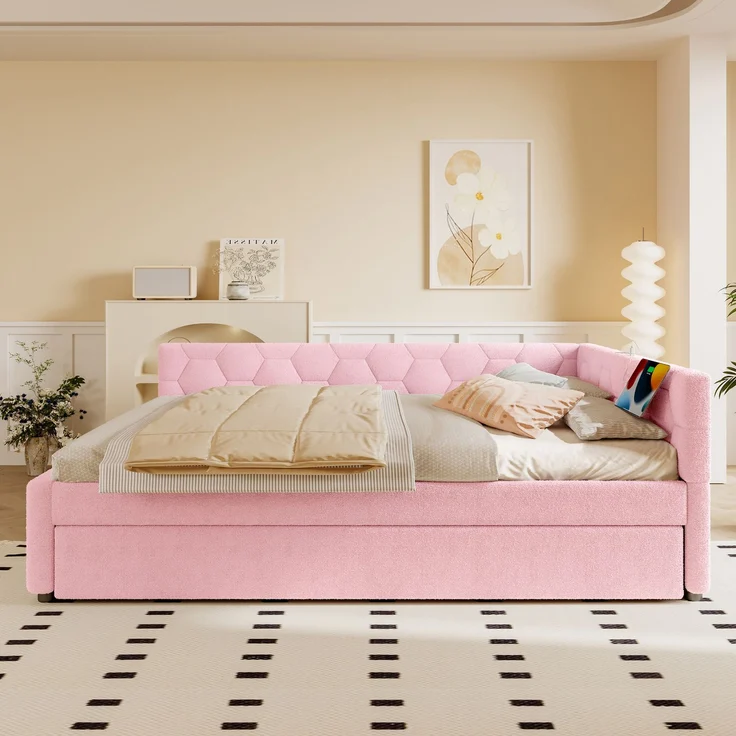 Daybett, 140*200cm Tagesbett, Schlafsofa, Bett mit Lattenrost (ohne Matratze), mit Nachttischlampe, mit multifunktionalem Ausziehbett, USB-Anschluss, Typ-C, Komfortmaterial, Vliesimitat, Rosa – Bild 6