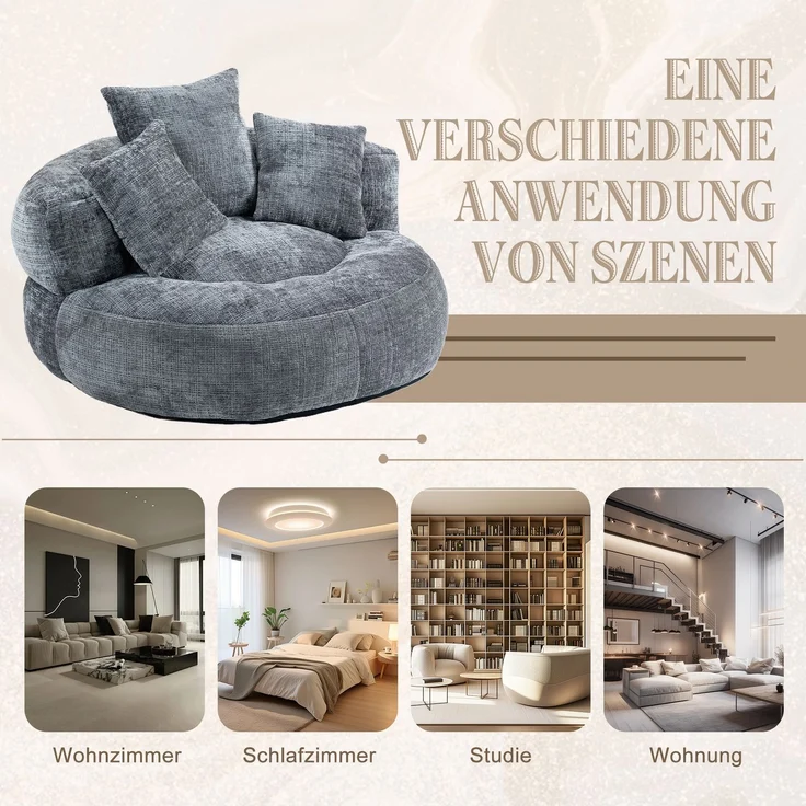 LVHOM XXL Sitzsack Chenille mit 3 Kissen, Lazy Sofa Kuschelig & Atmungsaktiv, Memory Foam Split, 108x108x52cm – Bild 5