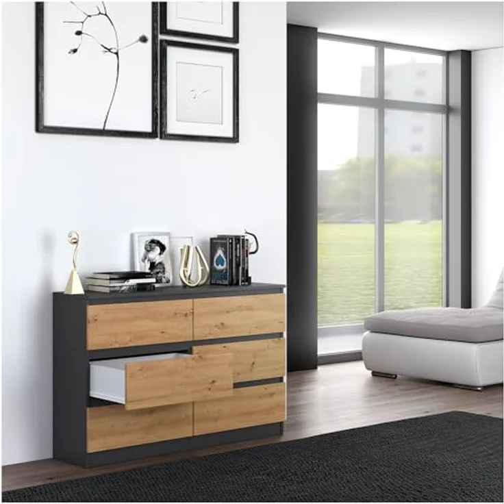 CDF Kommode Malwa M6 120| Farbe: Anthrazit - Eiche Artisan | Schrank für Dokumente, Kleinigkeiten | Ideal für Wohnzimmer, Schlafzimmer, Kinderzimmer, Jugendzimmer und Büro | 6 geräumige Schubladen – Bild 9
