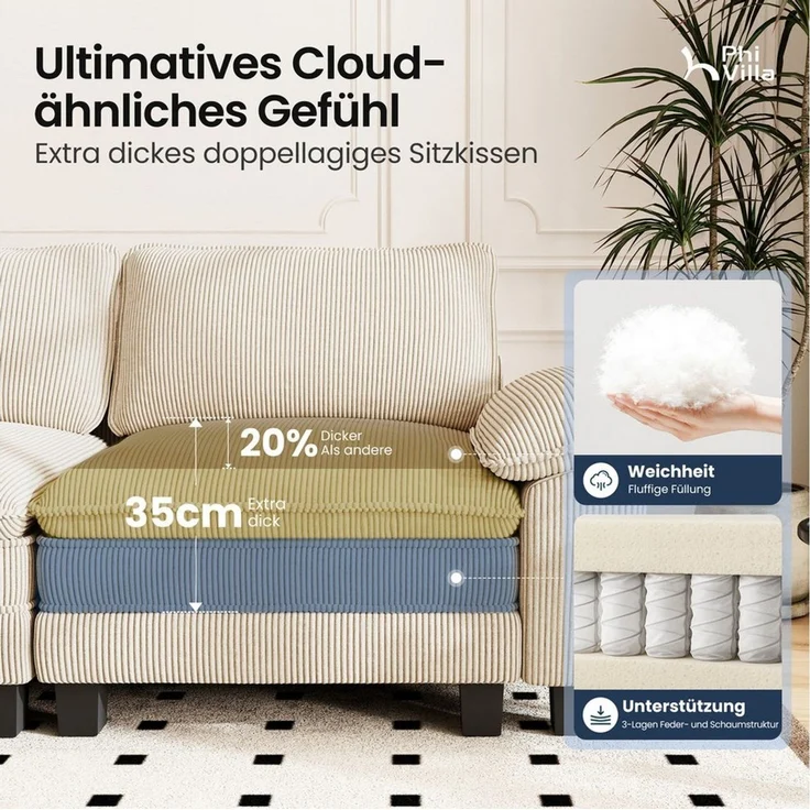 PHI VILLA Ecksofa L-Form Couch, 4-6-Sitzer-Sofa, Modulare Sofas inklusive Zierkissen und Ottomane für das Wohnzimmer – Bild 4