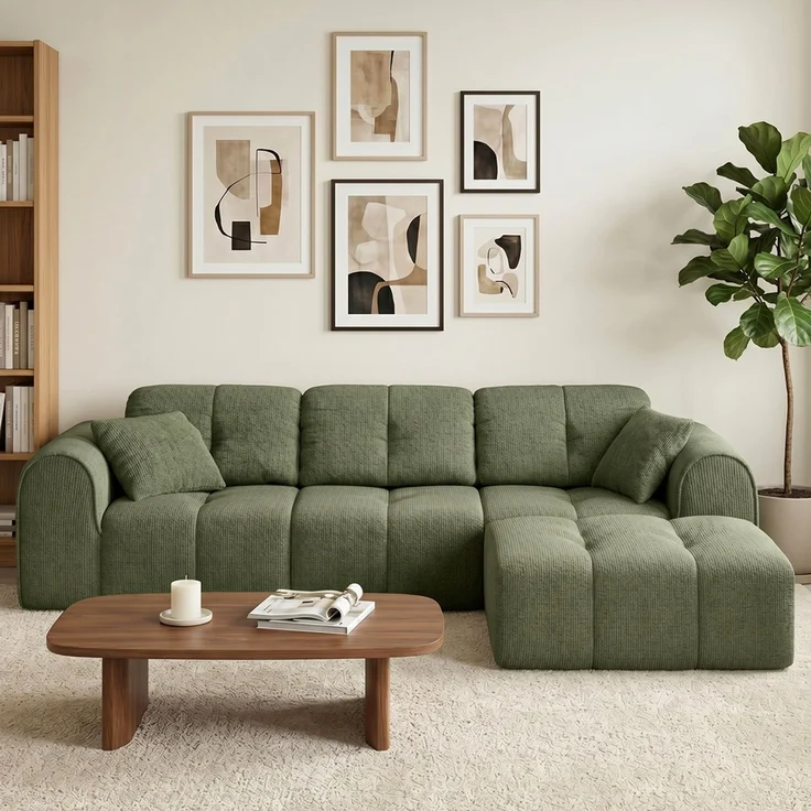 skølm 'Vanaheim' Sofa 3 Sitzer mit Hocker & 2 Kissen, Cloud Sofa dunkelgrün, Chenille-Stoff, Vollschaumcouch mit Federkern und Vakuum-Kompression, kein Aufbau erforderlich – Bild 1