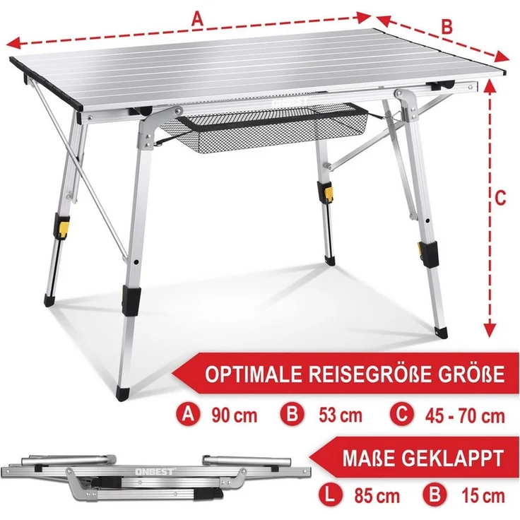 Onbest Klapptisch Norderney mit Wäscheleine 20x Wäscheklammern Netztasche, Tragetasche, höhenverstellbar, Wetterfest, Aufrollbar – Bild 3