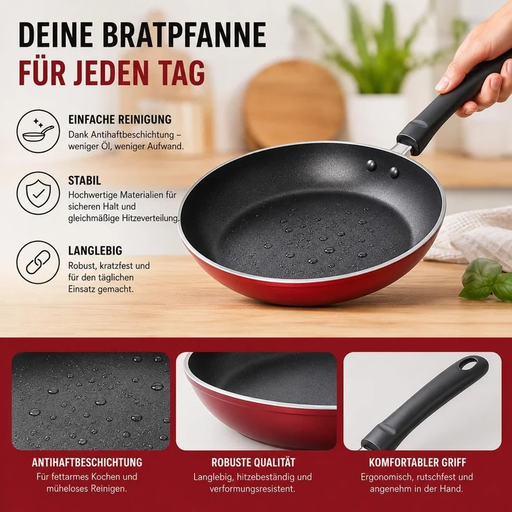 Pfanne Bratpfanne 24 cm, Gusseisen, Antihaft, Induktionspfanne, Gasherd, Küchenpfanne, Ø 24 cm, Rot – Bild 2