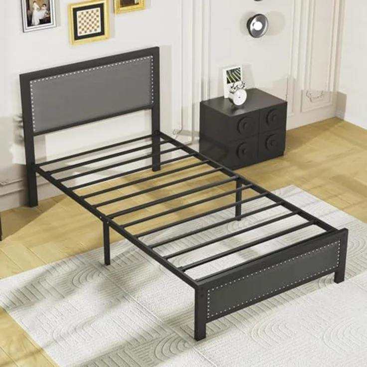 VECELO 2er-Set Polsterbett 90x200 cm mit Lattenrost, Einzelbett mit Leinen-Kopfteil und Nietenakzente, stabiles Metall-Bettgestell, geräuscharm, einfache Montage, Dunkelgrau – Bild 7