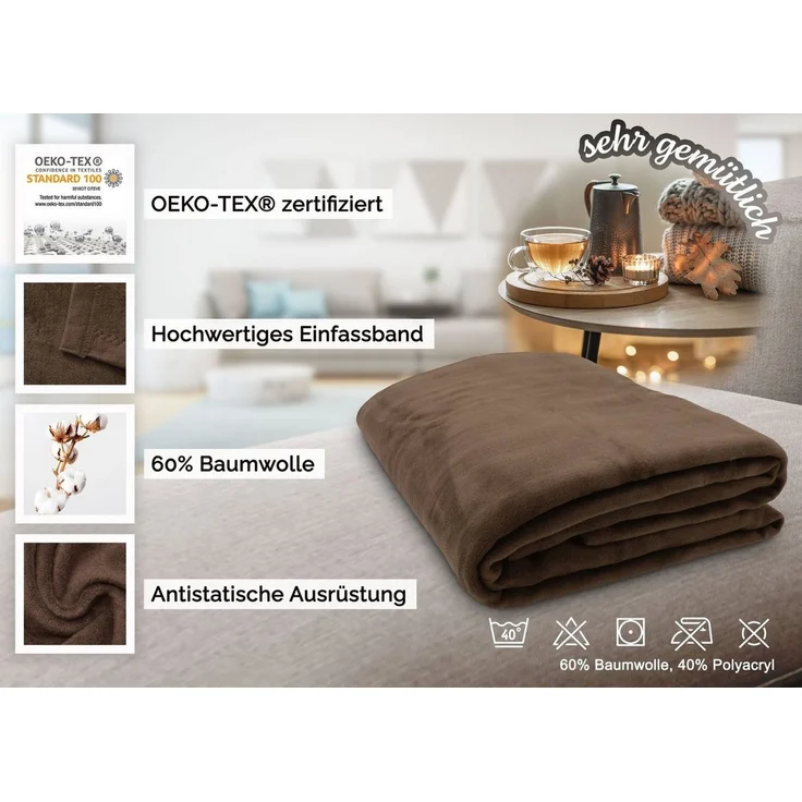 ZOLLNER Kuscheldecke mit Einfassband, 150x200 cm, braun – Bild 3