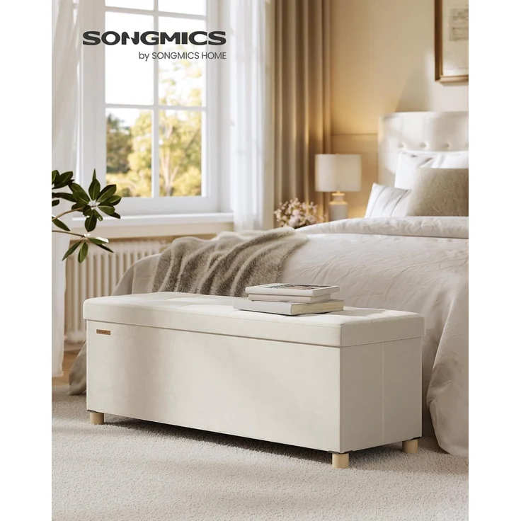 SONGMICS Sitzbank mit Stauraum, Hocker faltbar, 38 x 110 x 40 cm, Aufbewahrungsbox mit Deckel, Fußhocker 112 L, Samt, bis 300 kg belastbar, Flur Wohnzimmer Schlafzimmer – Bild 2