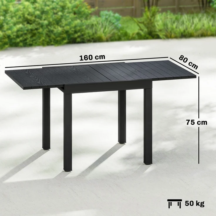 Ausziehbarer Gartentisch für 4–6 Personen mit integrierter Verlängerungsplatte aus Aluminium in Holzoptik, 80–160 x 80 cm, schwarz – Bild 5
