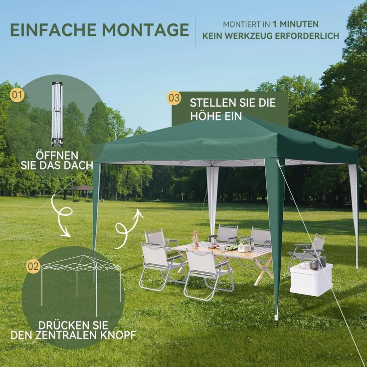 Aoxun Pop Up Pavillon 3x3 Wasserdicht, Metallrahmen-Schutzzelt, Höhe Verstellbar, 3mx3m Faltpavillon mit Tragetasche für Camping Party, Grün – Bild 6