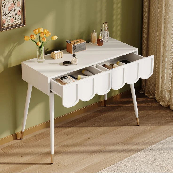 CHICFURN Schminktisch 100x76x40 cm mit 2 Schubladen und Metallfüßen – Weiß – Bild 5