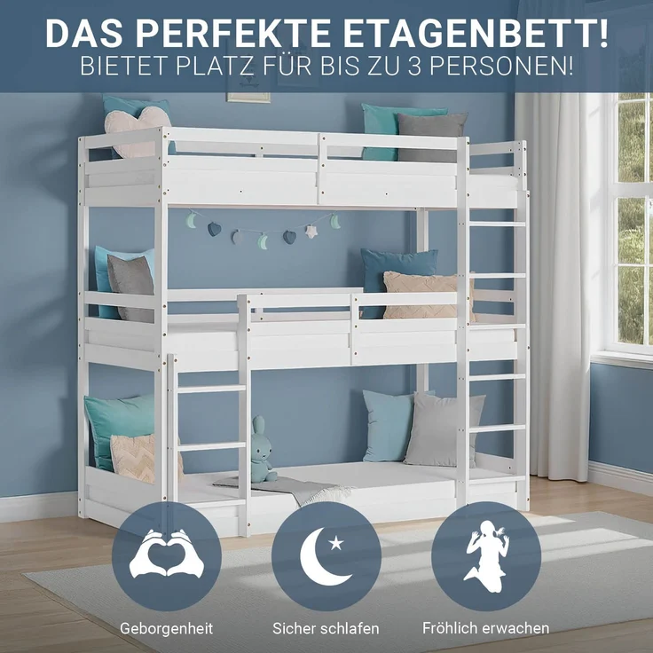 Homestyle4u Etagenbett mit 3 Liegeflächen, Kiefernholz weiß, 90x200 cm – Bild 8