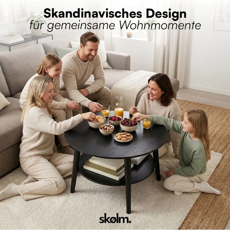 skølm 'Mjölnir' Couchtisch rund, Massivholz Eiche, schwarz lackiert, Wohnzimmertisch Ø70 cm, Beistelltisch für Wohnzimmer mit Ablage – Bild 5