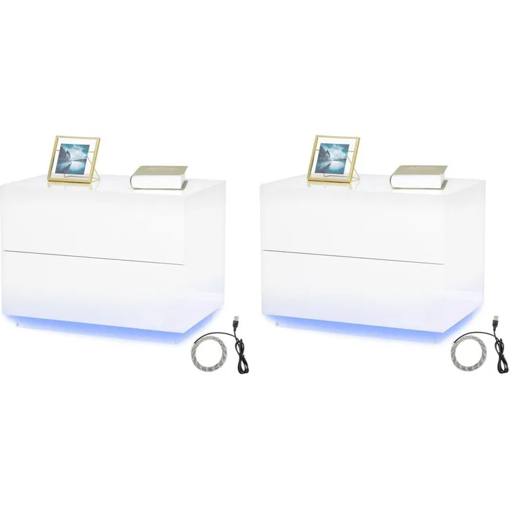 Mondeer Nachttisch LED Nachtkommode (2 St), Glänzend-Nachttisch mit LED-Beleuchtung und 2 Schubladen