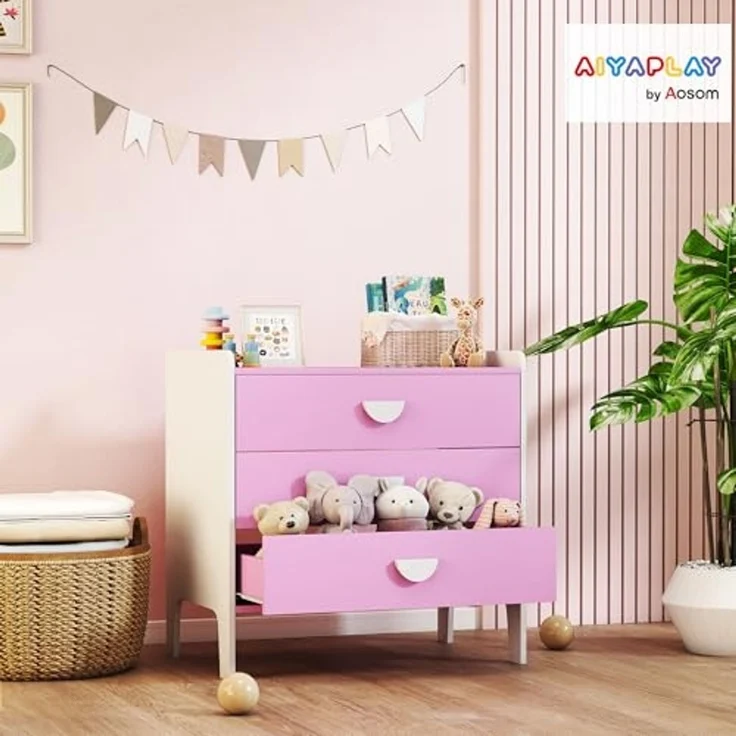 AIYAPLAY Kommode mit 3 Schubladen (Spielzeugschrank für Kinder, 1 St, Aufbewahrungsschrank), für Kinderzimmer, Wohnzimmer, 60 x 40 x 60 cm Rosa+Weiß – Bild 2